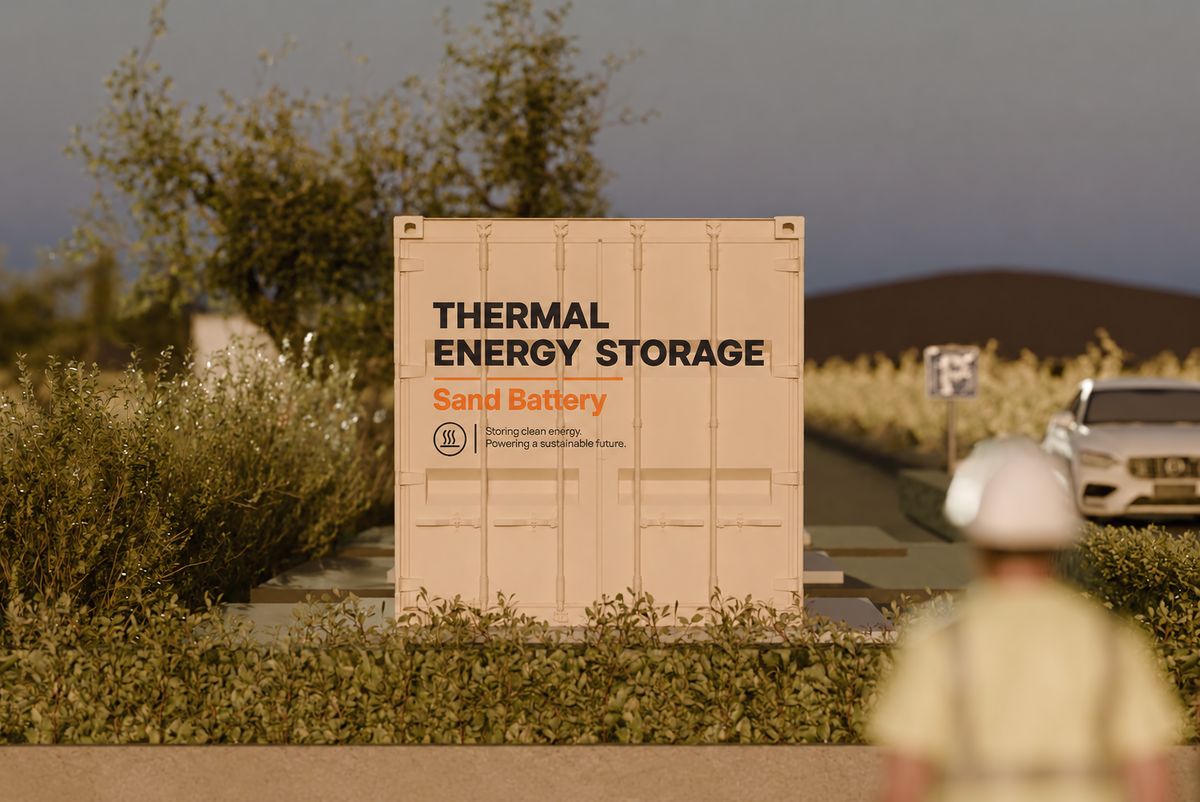 Solstice thermal energy storage container, a sand battery, on site