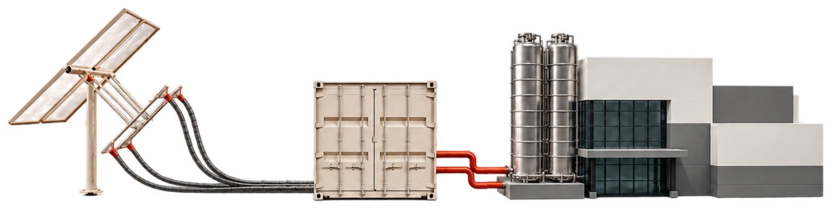 Solar collector connected by pipes to a sand storage container, which supplies heat to a factory